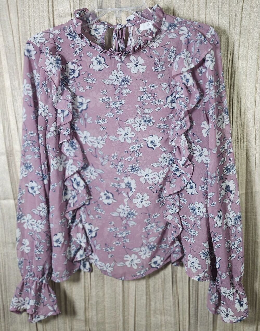 Romantic Victorian Boho Blouse Sheer Long Slv Purple Floral Ruffle Neck - Med